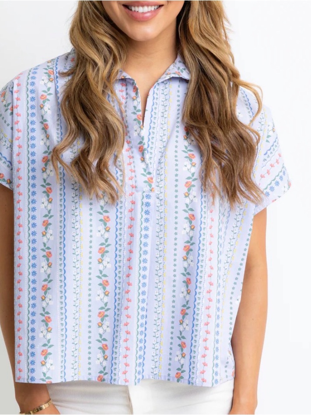 Karlie Light Blue Floral Stripe Button-Front Top